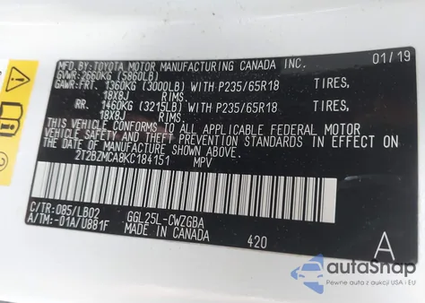 2019 Lexus Rx 350 from USA, damaged, VIN 2T2BZMCA8KC184151